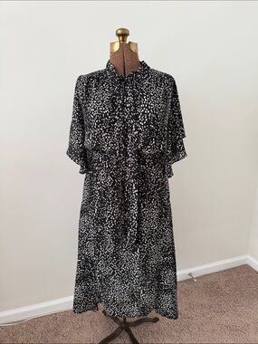 Max Studio Black and White Speckle Tie-Neck Midi Dress